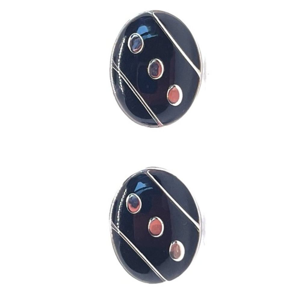 Black Oval Enamel Cufflinks w “Dot” Pattern Silver & Black! Stocking Stuffer!